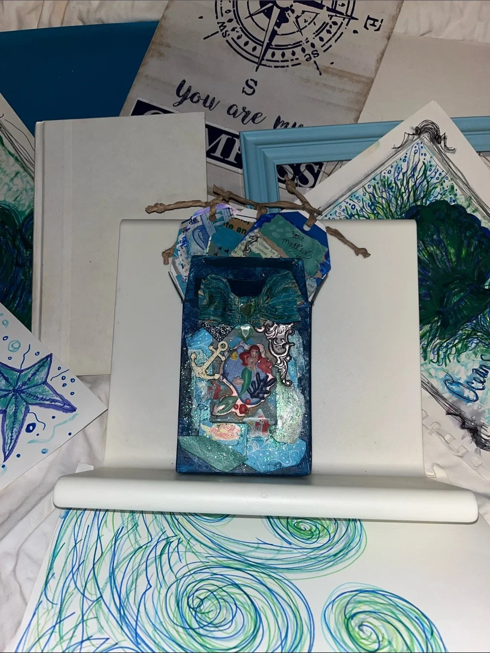 1of a kind new upcycled Handmade Mermaid ocean Mixed-Media treasure art card box